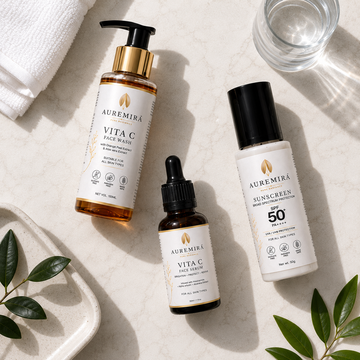 AUREMIRA Vitamin C Complete Skincare Combo | Face Wash + SPF 50+ Sunscreen + Vitamin C Face Serum