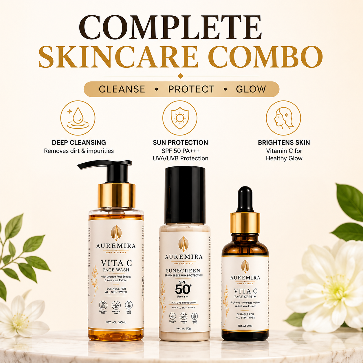 AUREMIRA Vitamin C Complete Skincare Combo | Face Wash + SPF 50+ Sunscreen + Vitamin C Face Serum