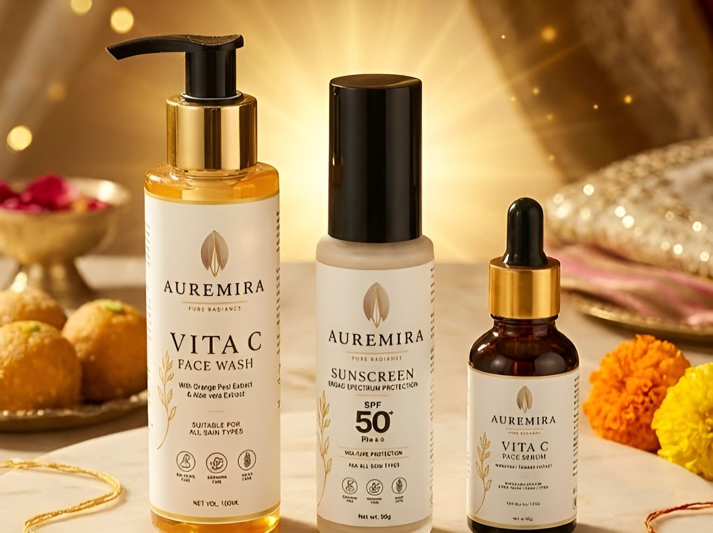 AUREMIRA Vitamin C Complete Skincare Combo | Face Wash + SPF 50+ Sunscreen + Vitamin C Face Serum